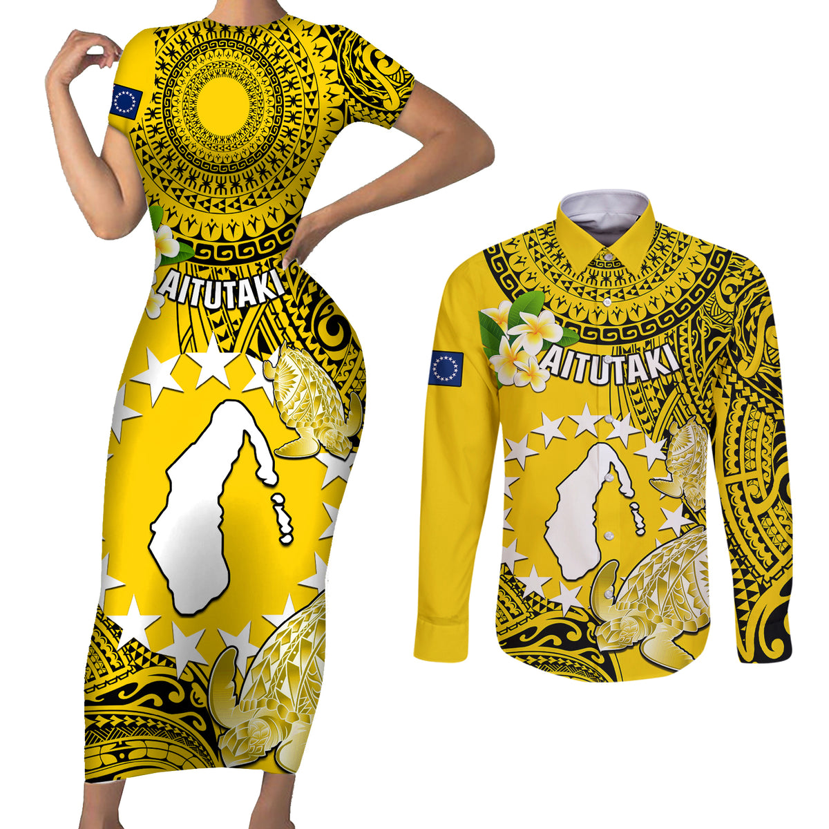 Personalized Cook Islands Aitutaki Couples Matching Short Sleeve Bodycon Dress and Long Sleeve Button Shirts Coat Of Arms Plumeria Polynesian Turtle LT05 Yellow - Polynesian Pride