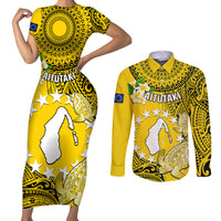 Personalized Cook Islands Aitutaki Couples Matching Short Sleeve Bodycon Dress and Long Sleeve Button Shirts Coat Of Arms Plumeria Polynesian Turtle LT05 Yellow - Polynesian Pride