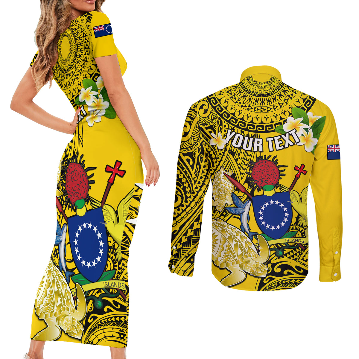 Personalized Cook Islands Aitutaki Couples Matching Short Sleeve Bodycon Dress and Long Sleeve Button Shirts Coat Of Arms Plumeria Polynesian Turtle LT05 - Polynesian Pride