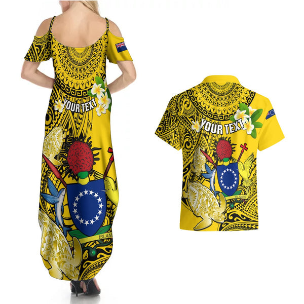 Personalized Cook Islands Rarotonga Couples Matching Off Shoulder Maxi Dress and Hawaiian Shirt Coat Of Arms Plumeria Polynesian Turtle LT05 main image 0