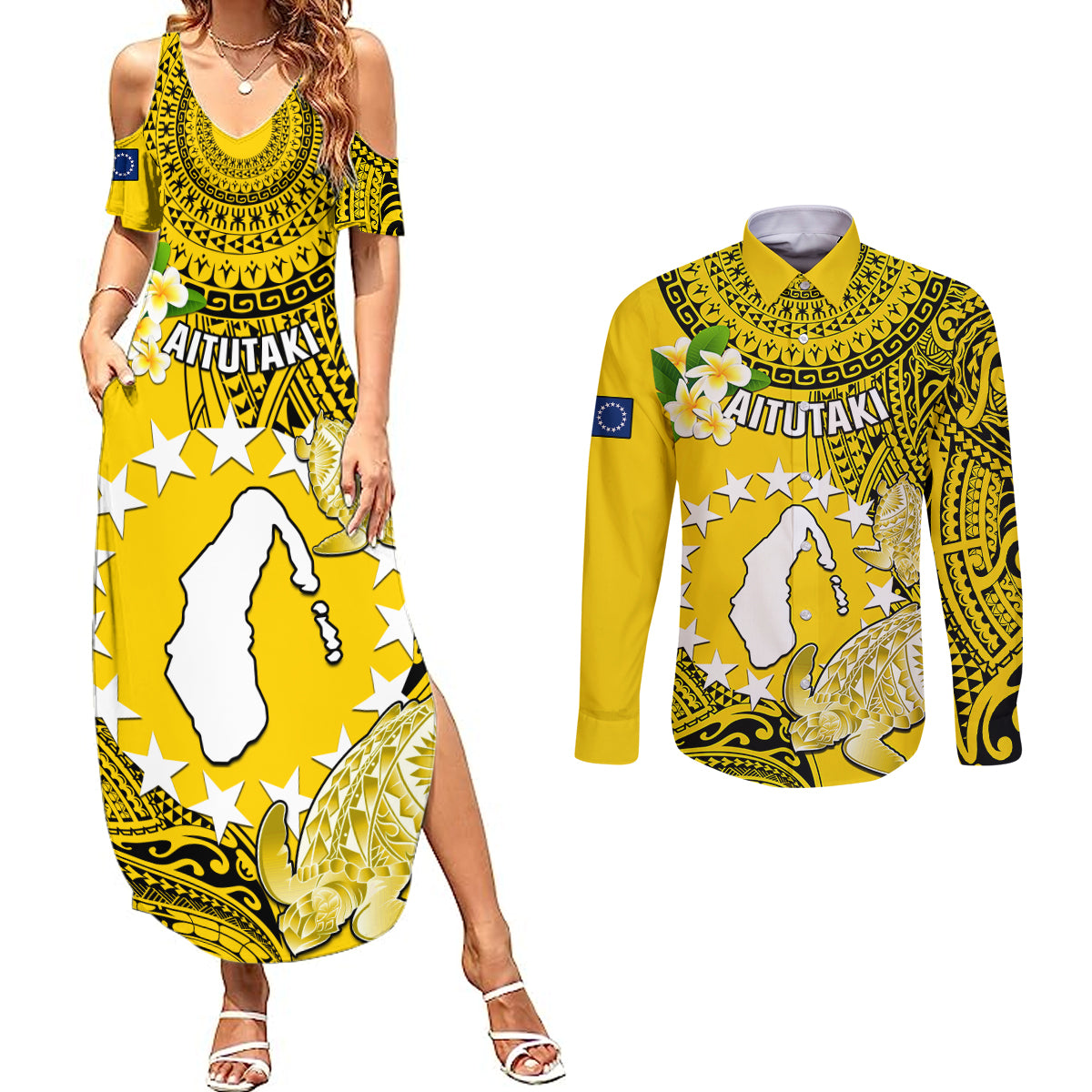 Personalized Cook Islands Aitutaki Couples Matching Summer Maxi Dress and Long Sleeve Button Shirts Coat Of Arms Plumeria Polynesian Turtle LT05 Yellow - Polynesian Pride