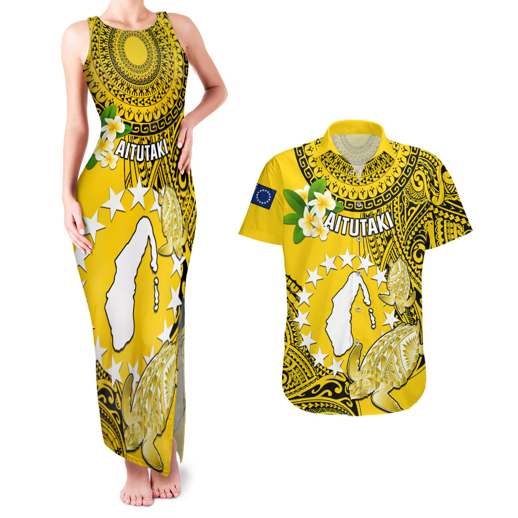 Personalized Cook Islands Aitutaki Couples Matching Tank Maxi Dress and Hawaiian Shirt Coat Of Arms Plumeria Polynesian Turtle LT05 Yellow - Polynesian Pride