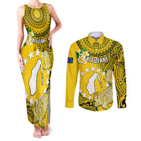 Personalized Cook Islands Aitutaki Couples Matching Tank Maxi Dress and Long Sleeve Button Shirts Coat Of Arms Plumeria Polynesian Turtle LT05 Yellow - Polynesian Pride