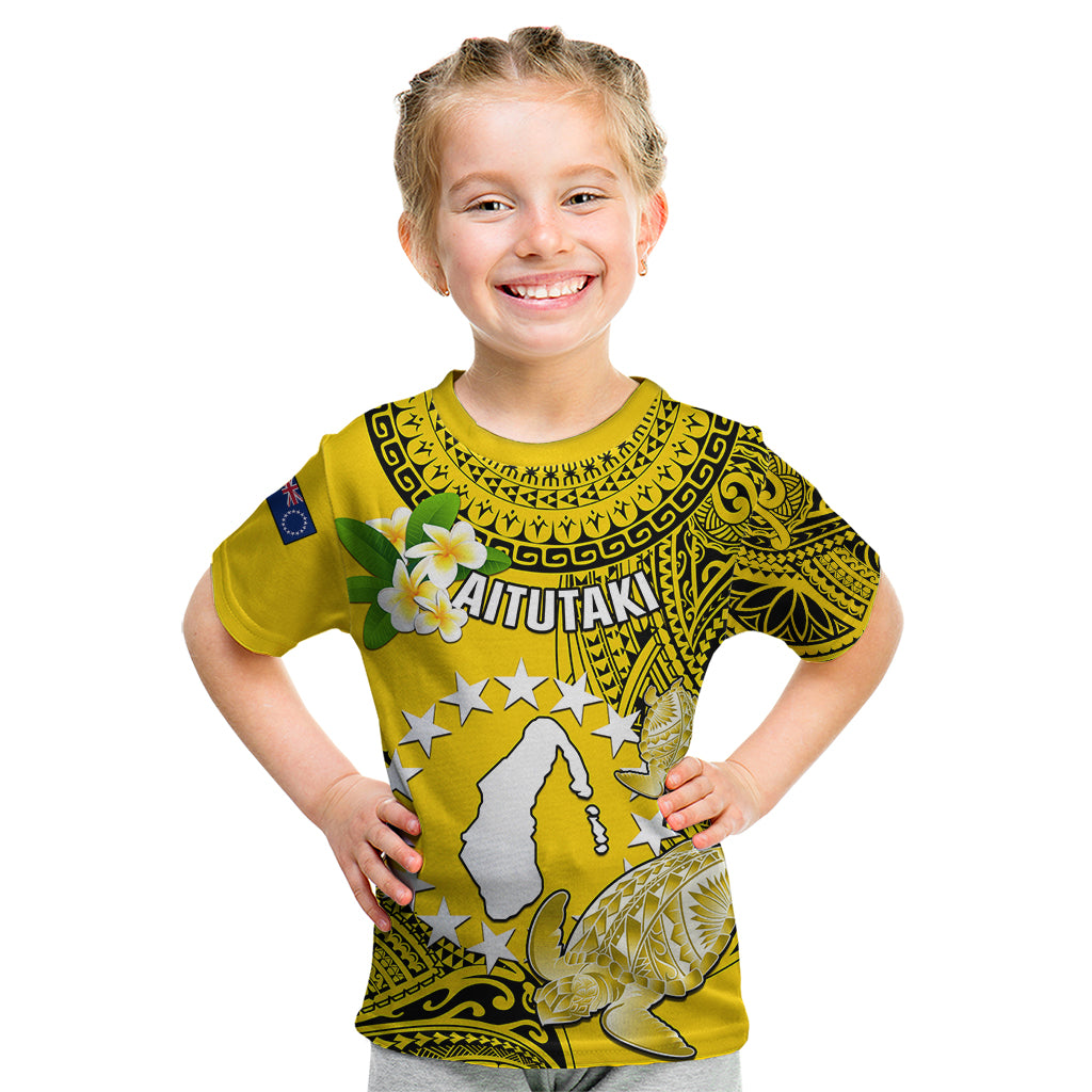 Personalized Cook Islands Aitutaki Kid T Shirt Coat Of Arms Plumeria Polynesian Turtle LT05 Yellow - Polynesian Pride