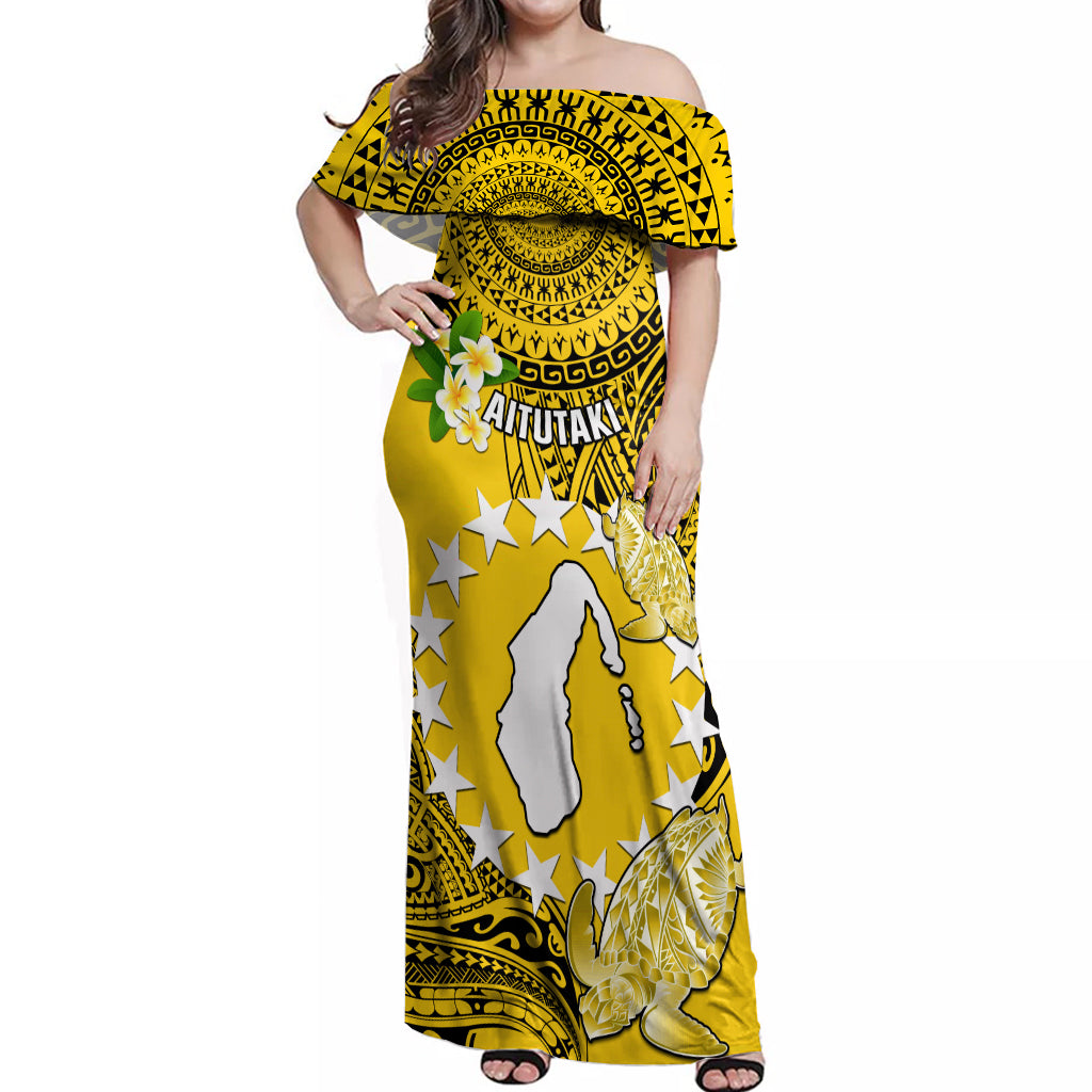 Personalized Cook Islands Aitutaki Off Shoulder Maxi Dress Coat Of Arms Plumeria Polynesian Turtle LT05 Women Yellow - Polynesian Pride