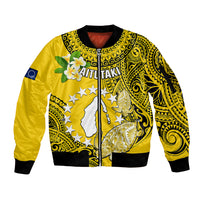 Personalized Cook Islands Aitutaki Sleeve Zip Bomber Jacket Coat Of Arms Plumeria Polynesian Turtle LT05 Unisex Yellow - Polynesian Pride
