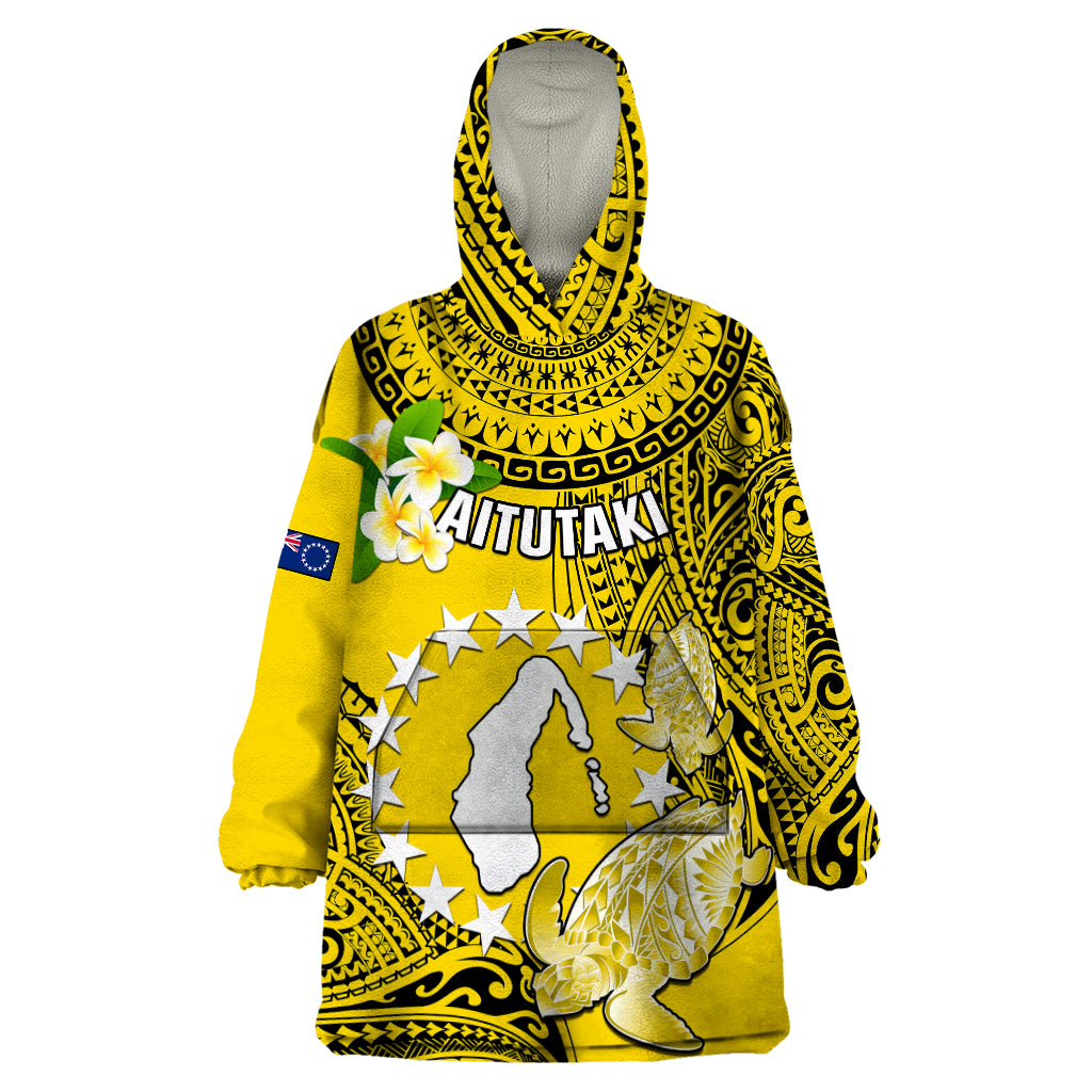 Personalized Cook Islands Aitutaki Wearable Blanket Hoodie Coat Of Arms Plumeria Polynesian Turtle LT05 One Size Yellow - Polynesian Pride