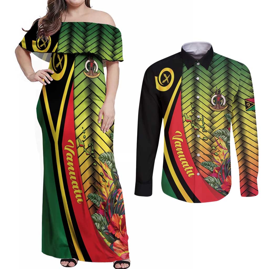 Vanuatu Constitution Day Couples Matching Off Shoulder Maxi Dress and Long Sleeve Button Shirt Long Live Vanuatu - Polynesian Pride