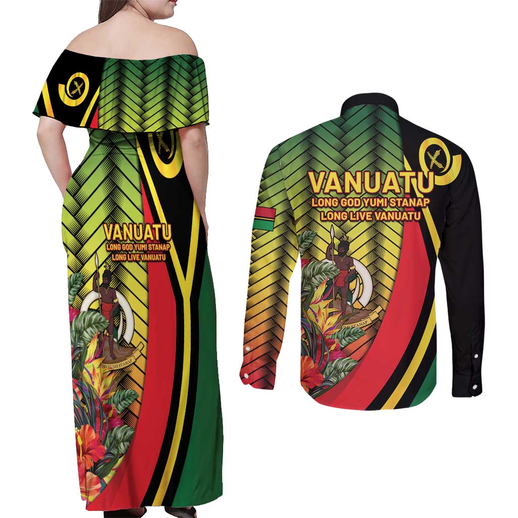 Vanuatu Constitution Day Couples Matching Off Shoulder Maxi Dress and Long Sleeve Button Shirt Long Live Vanuatu - Polynesian Pride