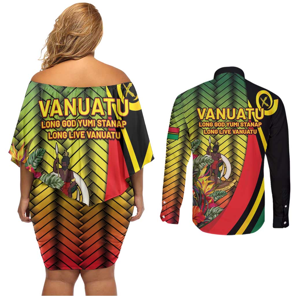 Vanuatu Constitution Day Couples Matching Off Shoulder Short Dress and Long Sleeve Button Shirt Long Live Vanuatu - Polynesian Pride