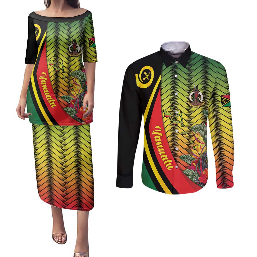 Vanuatu Constitution Day Couples Matching Puletasi and Long Sleeve Button Shirt Long Live Vanuatu - Polynesian Pride