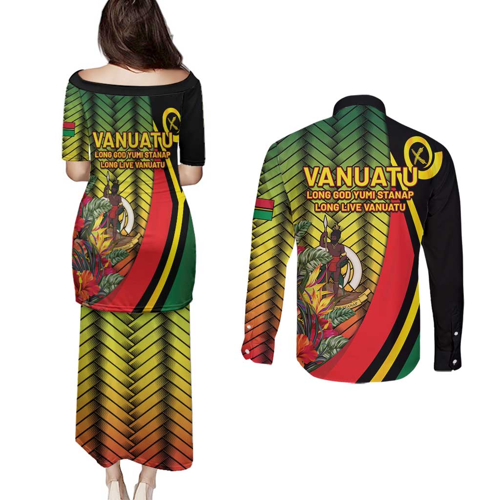 Vanuatu Constitution Day Couples Matching Puletasi and Long Sleeve Button Shirt Long Live Vanuatu - Polynesian Pride