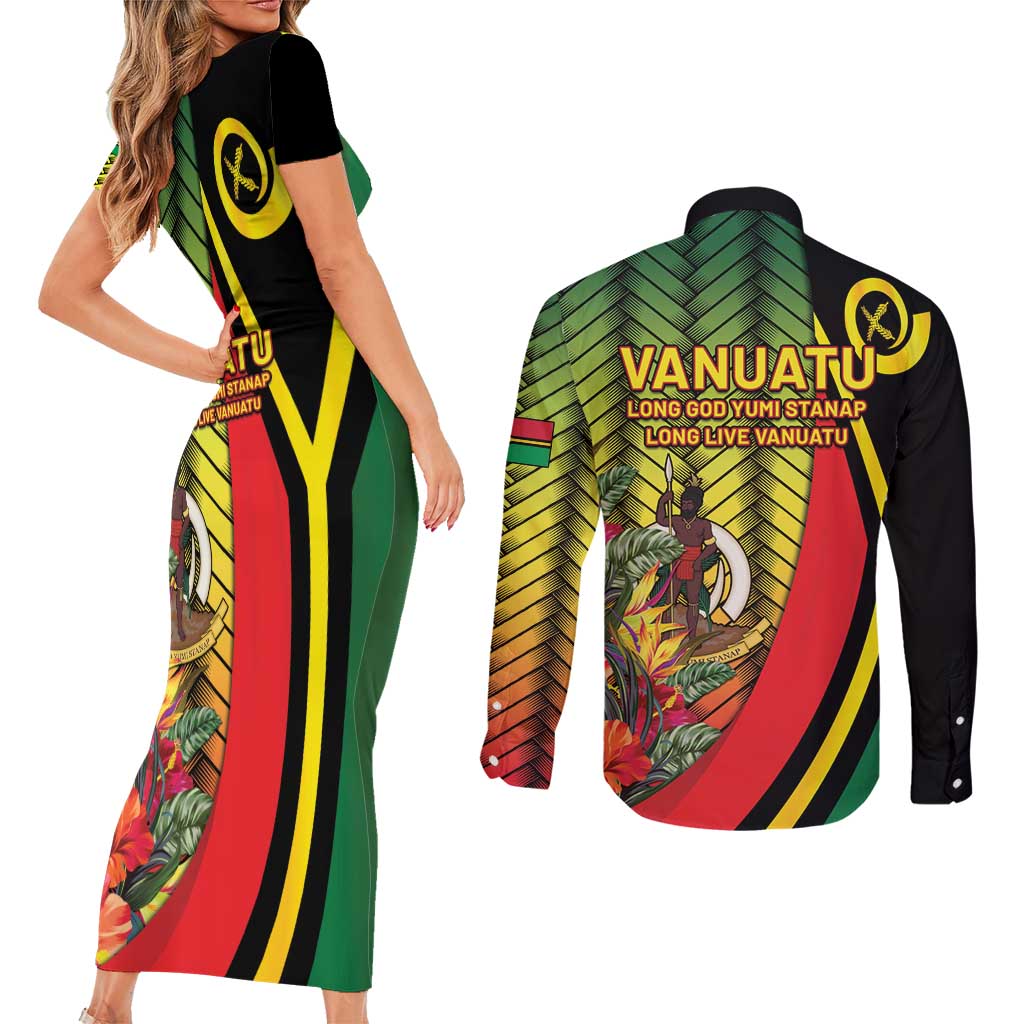 Vanuatu Constitution Day Couples Matching Short Sleeve Bodycon Dress and Long Sleeve Button Shirt Long Live Vanuatu - Polynesian Pride
