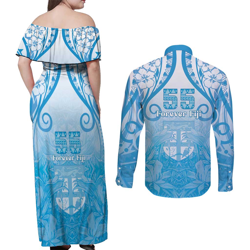 Fiji Day Couples Matching Off Shoulder Maxi Dress and Long Sleeve Button Shirt 55th Anniversary Forever Fiji - Polynesian Pride