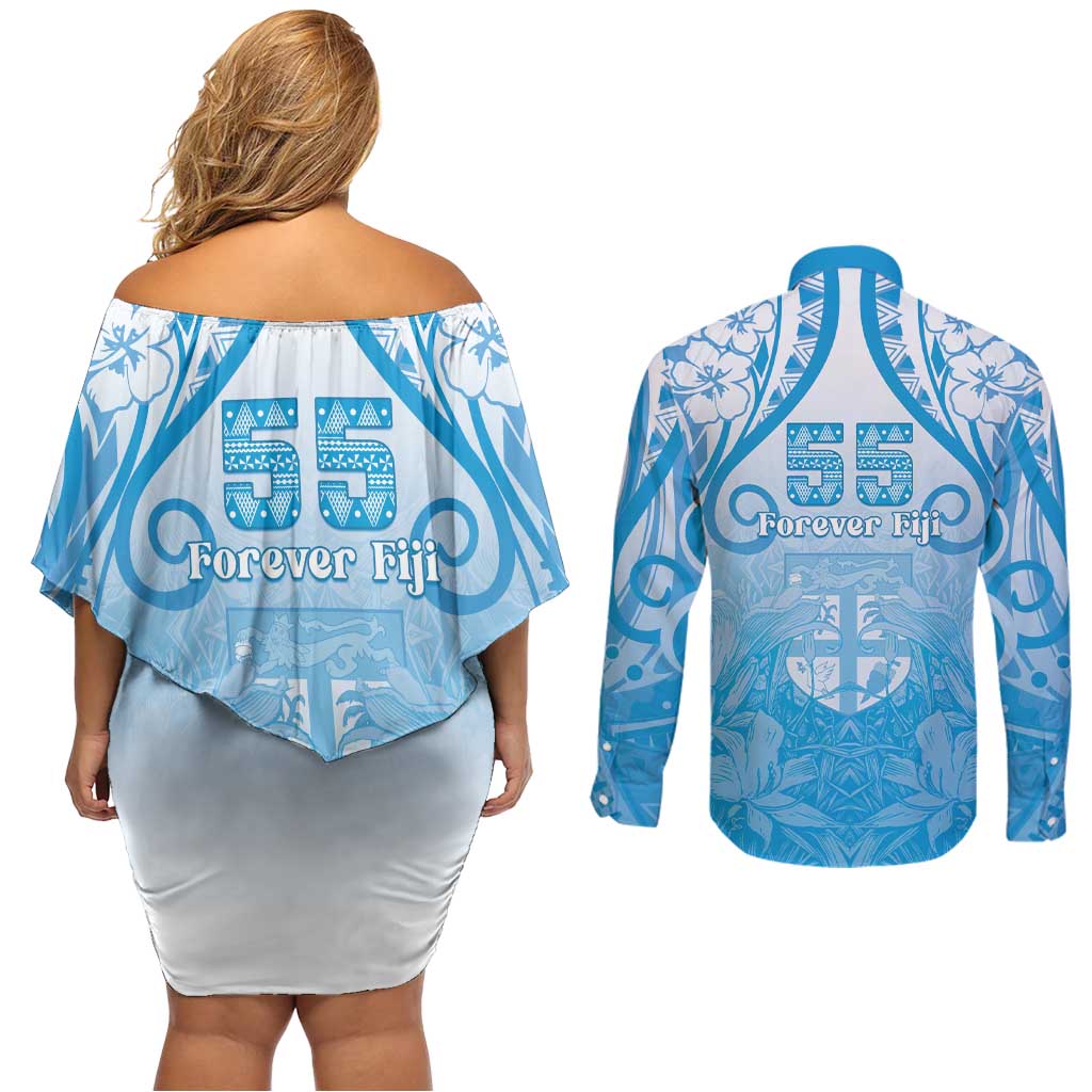 Fiji Day Couples Matching Off Shoulder Short Dress and Long Sleeve Button Shirt 55th Anniversary Forever Fiji - Polynesian Pride
