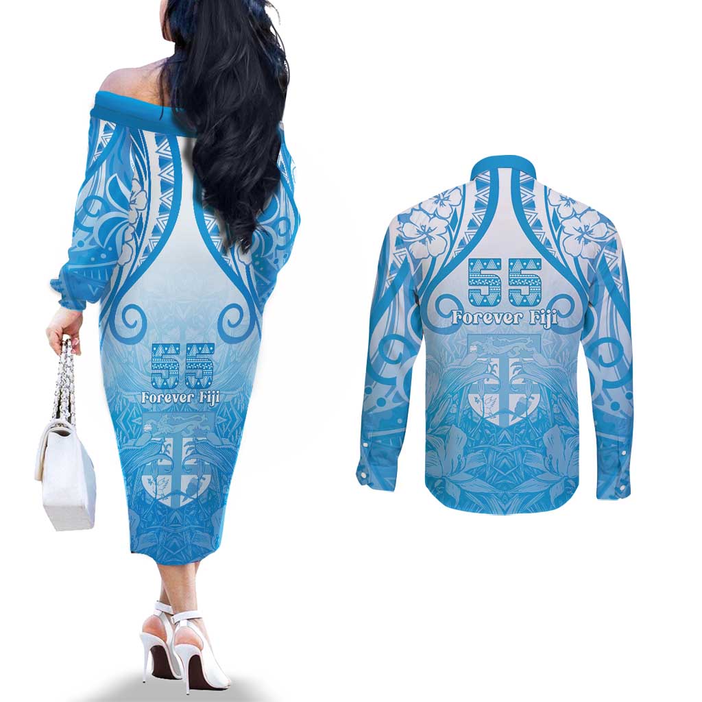 Fiji Day Couples Matching Off The Shoulder Long Sleeve Dress and Long Sleeve Button Shirt 55th Anniversary Forever Fiji - Polynesian Pride