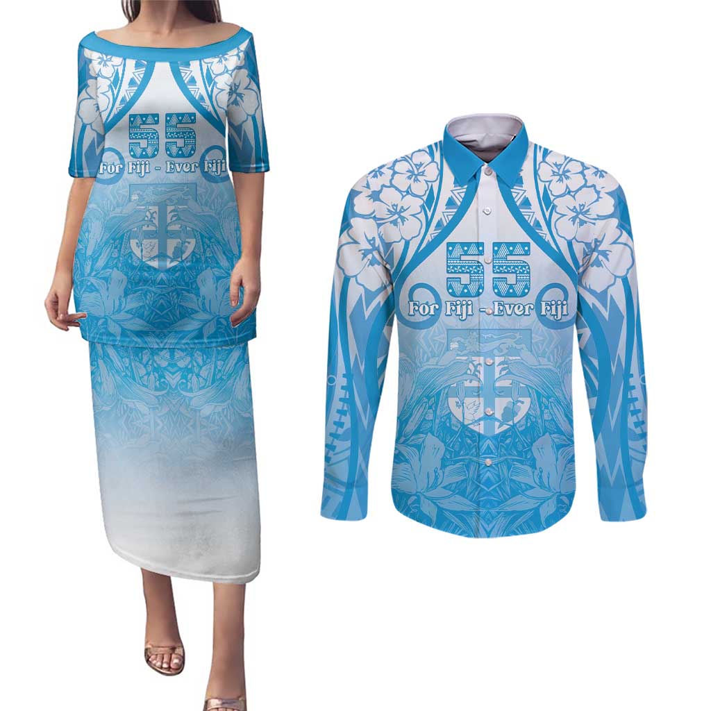 Fiji Day Couples Matching Puletasi and Long Sleeve Button Shirt 55th Anniversary Forever Fiji LT05 Blue - Polynesian Pride