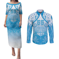 Fiji Day Couples Matching Puletasi and Long Sleeve Button Shirt 55th Anniversary Forever Fiji LT05 Blue - Polynesian Pride