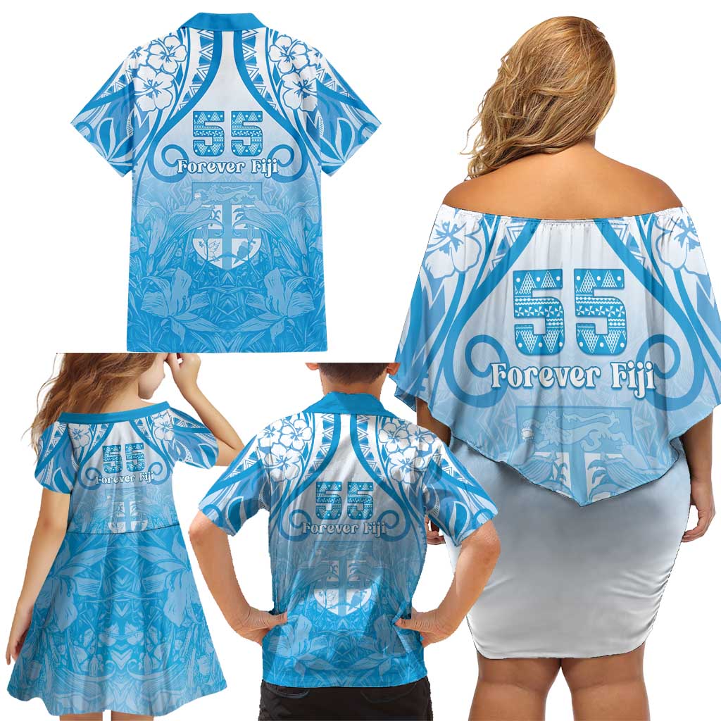 Fiji Day Family Matching Off Shoulder Short Dress and Hawaiian Shirt 55th Anniversary Forever Fiji - Polynesian Pride