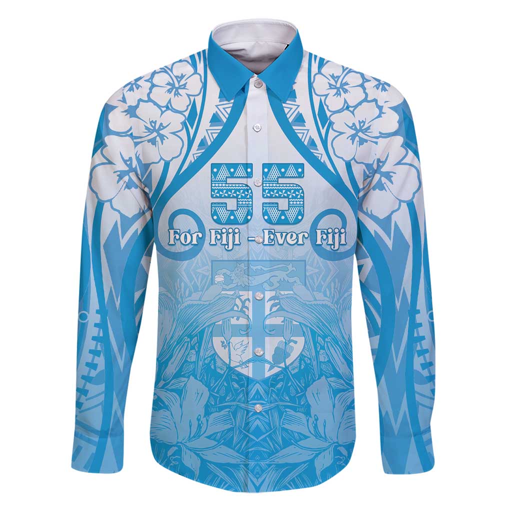 Fiji Day Family Matching Puletasi and Hawaiian Shirt 55th Anniversary Forever Fiji LT05 Dad's Shirt - Long Sleeve Blue - Polynesian Pride