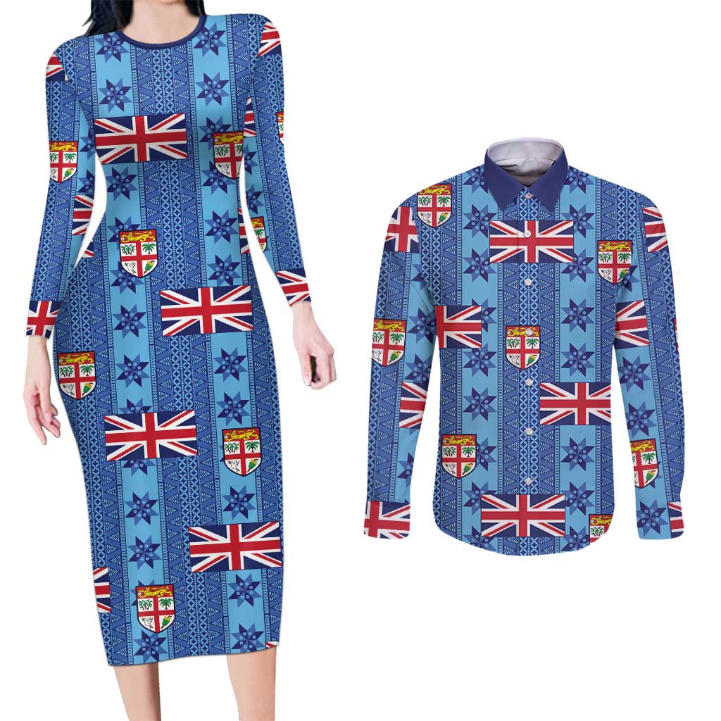 Fiji Masi Tapa Couples Matching Long Sleeve Bodycon Dress and Long Sleeve Button Shirt Coat Of Arms - Polynesian Pride