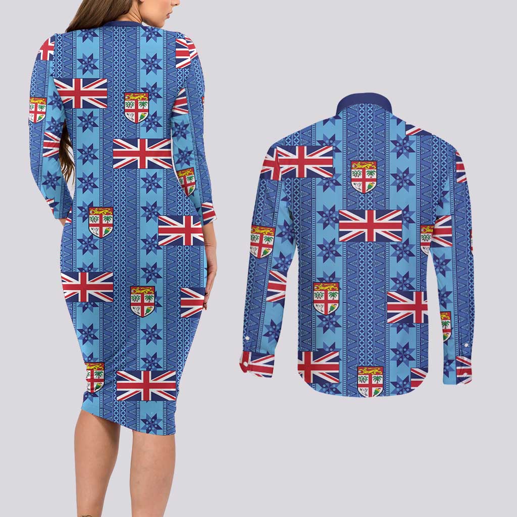 Fiji Masi Tapa Couples Matching Long Sleeve Bodycon Dress and Long Sleeve Button Shirt Coat Of Arms - Polynesian Pride
