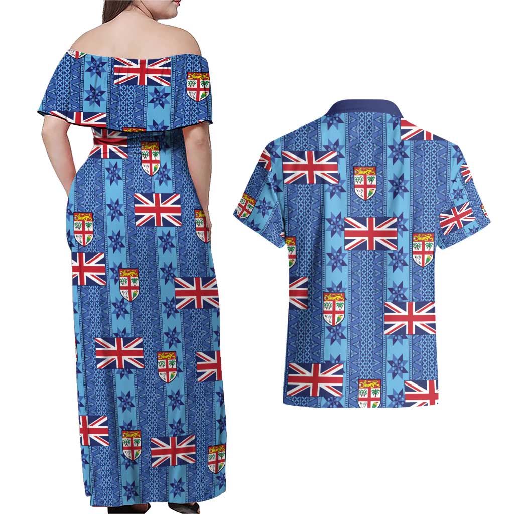 Fiji Masi Tapa Couples Matching Off Shoulder Maxi Dress and Hawaiian Shirt Coat Of Arms - Polynesian Pride