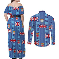 Fiji Masi Tapa Couples Matching Off Shoulder Maxi Dress and Long Sleeve Button Shirt Coat Of Arms - Polynesian Pride