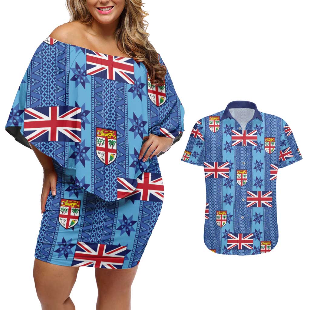 Fiji Masi Tapa Couples Matching Off Shoulder Short Dress and Hawaiian Shirt Coat Of Arms - Polynesian Pride