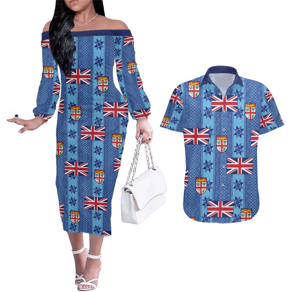 Fiji Masi Tapa Couples Matching Off The Shoulder Long Sleeve Dress and Hawaiian Shirt Coat Of Arms - Polynesian Pride