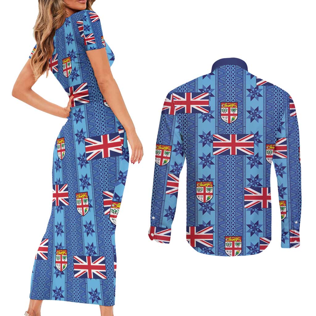 Fiji Masi Tapa Couples Matching Short Sleeve Bodycon Dress and Long Sleeve Button Shirt Coat Of Arms - Polynesian Pride