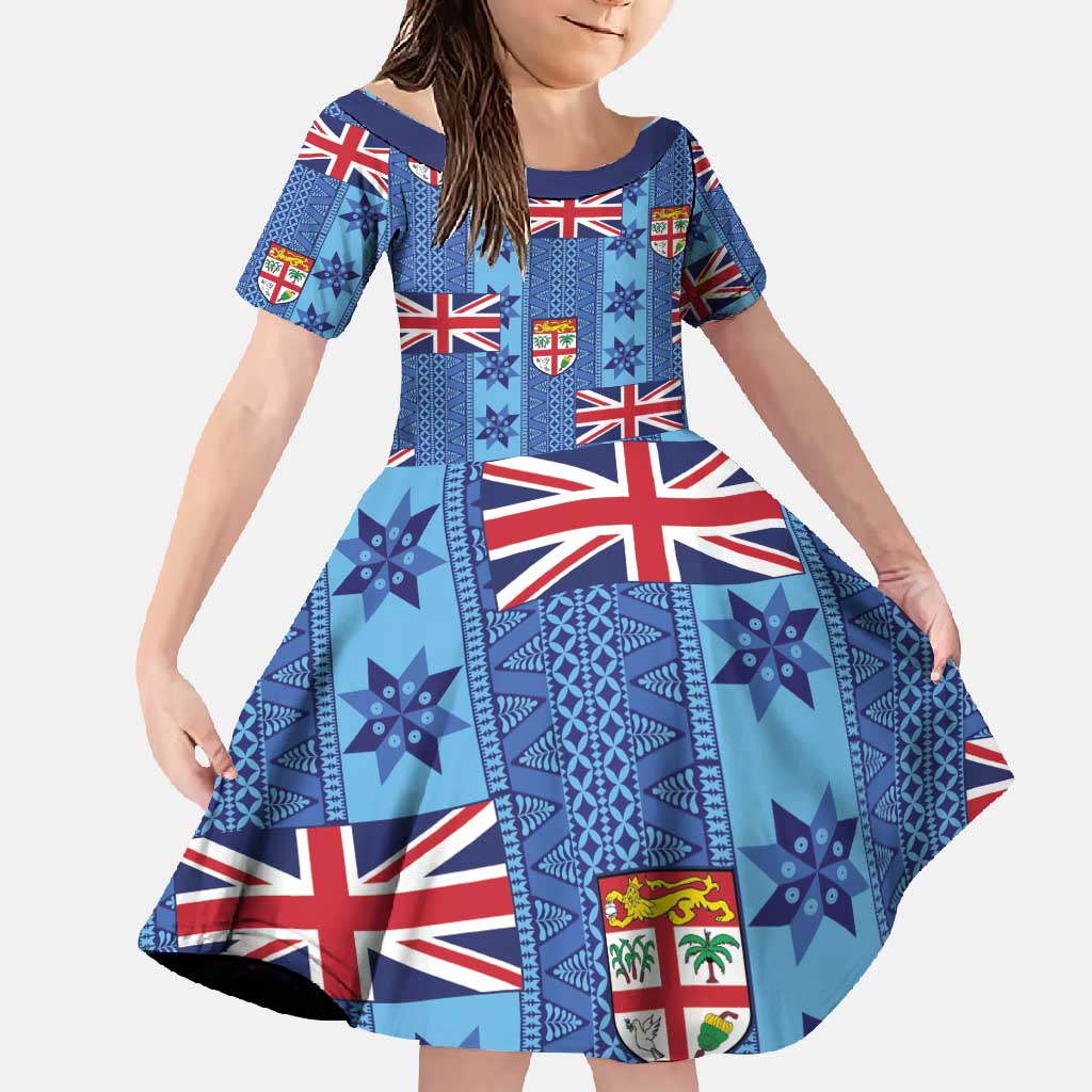Fiji Masi Tapa Family Matching Off Shoulder Maxi Dress and Hawaiian Shirt Coat Of Arms LT05 Daughter's Dress Blue - Polynesian Pride
