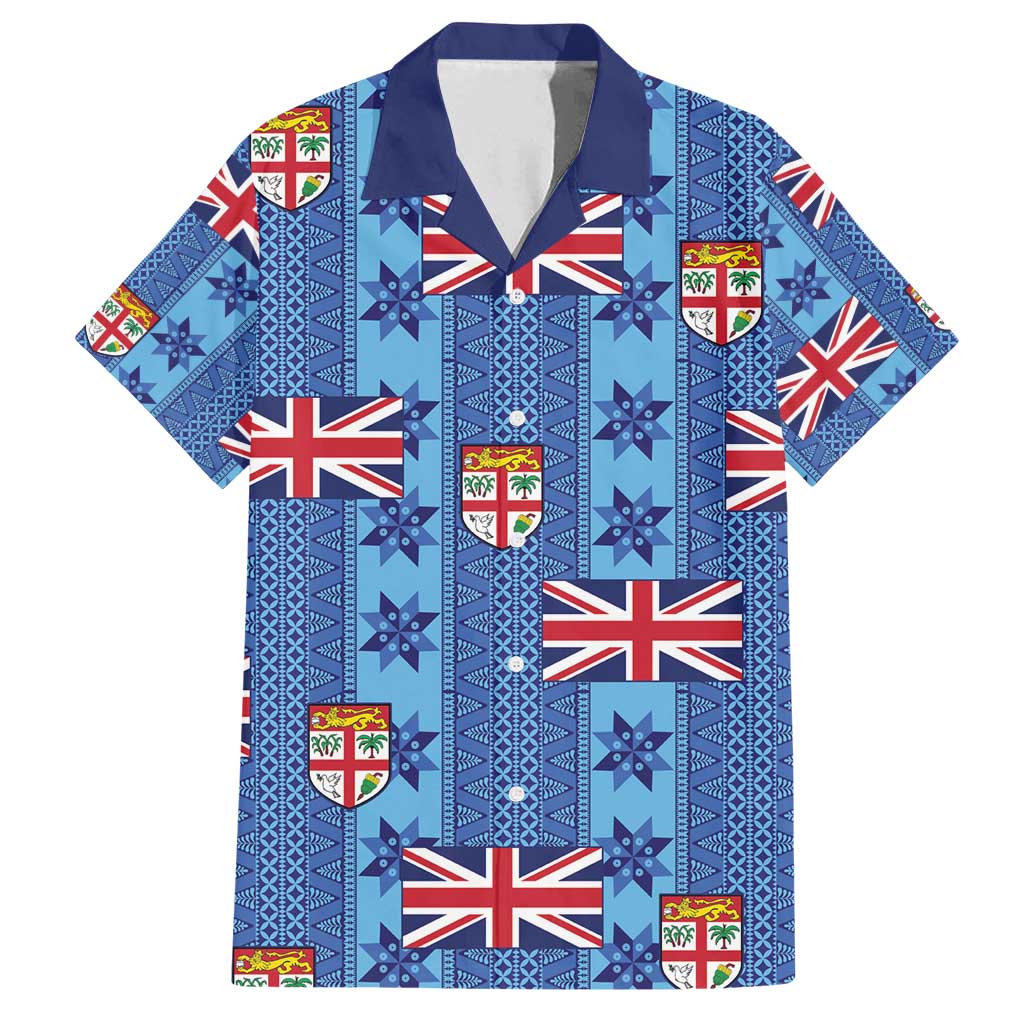 Fiji Masi Tapa Family Matching Off Shoulder Maxi Dress and Hawaiian Shirt Coat Of Arms LT05 Dad's Shirt - Short Sleeve Blue - Polynesian Pride
