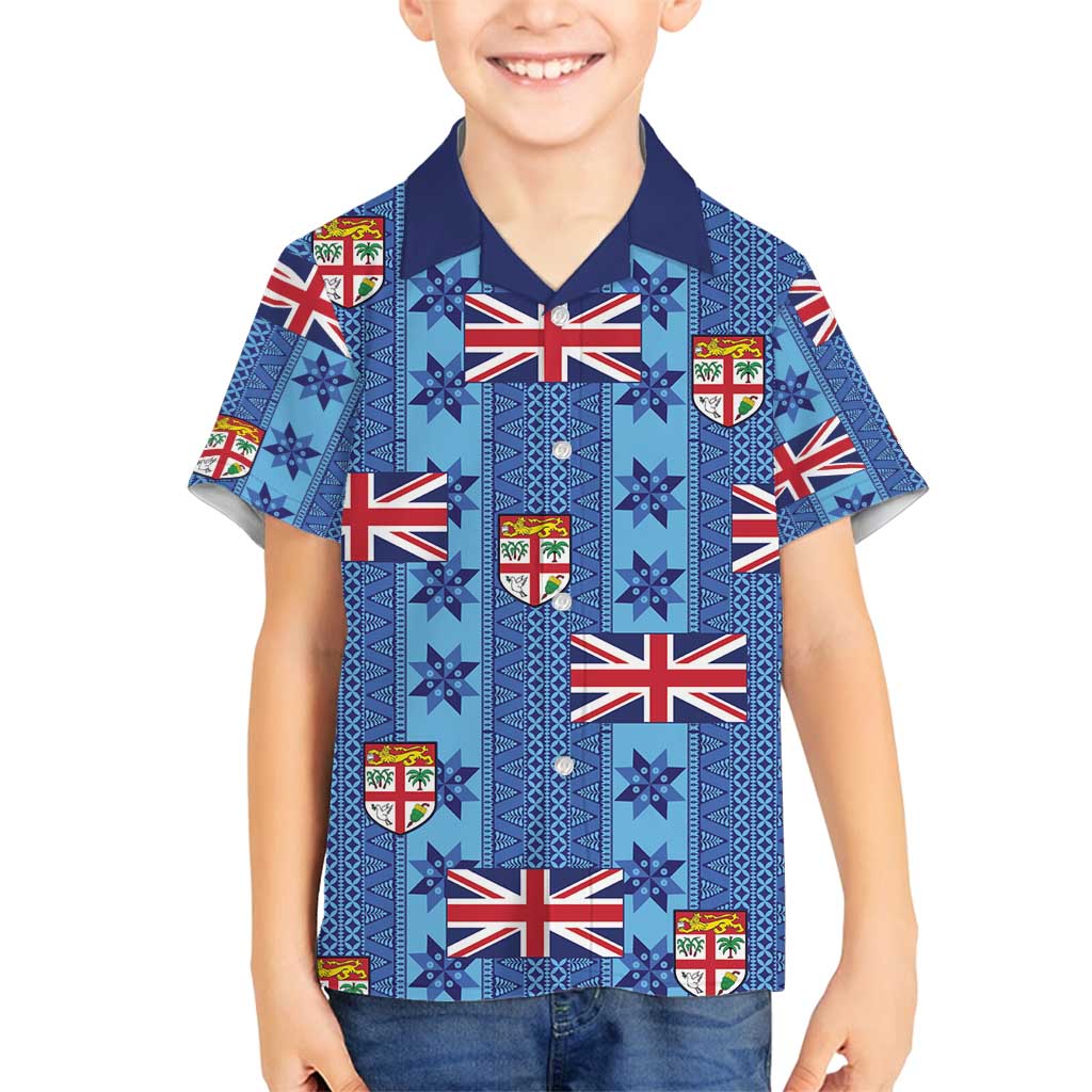 Fiji Masi Tapa Family Matching Off Shoulder Maxi Dress and Hawaiian Shirt Coat Of Arms LT05 Son's Shirt Blue - Polynesian Pride