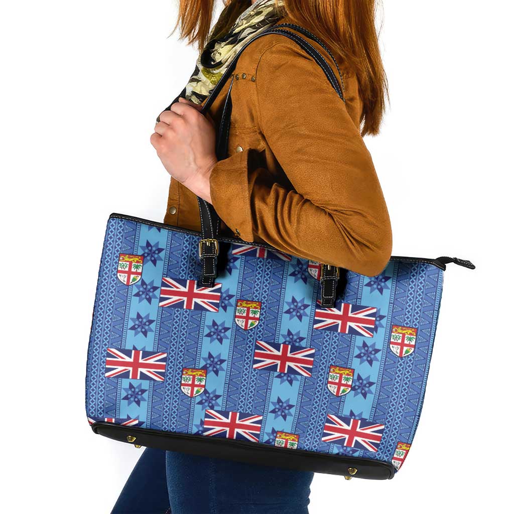 Fiji Masi Tapa Leather Tote Bag Coat Of Arms LT05 Blue - Polynesian Pride