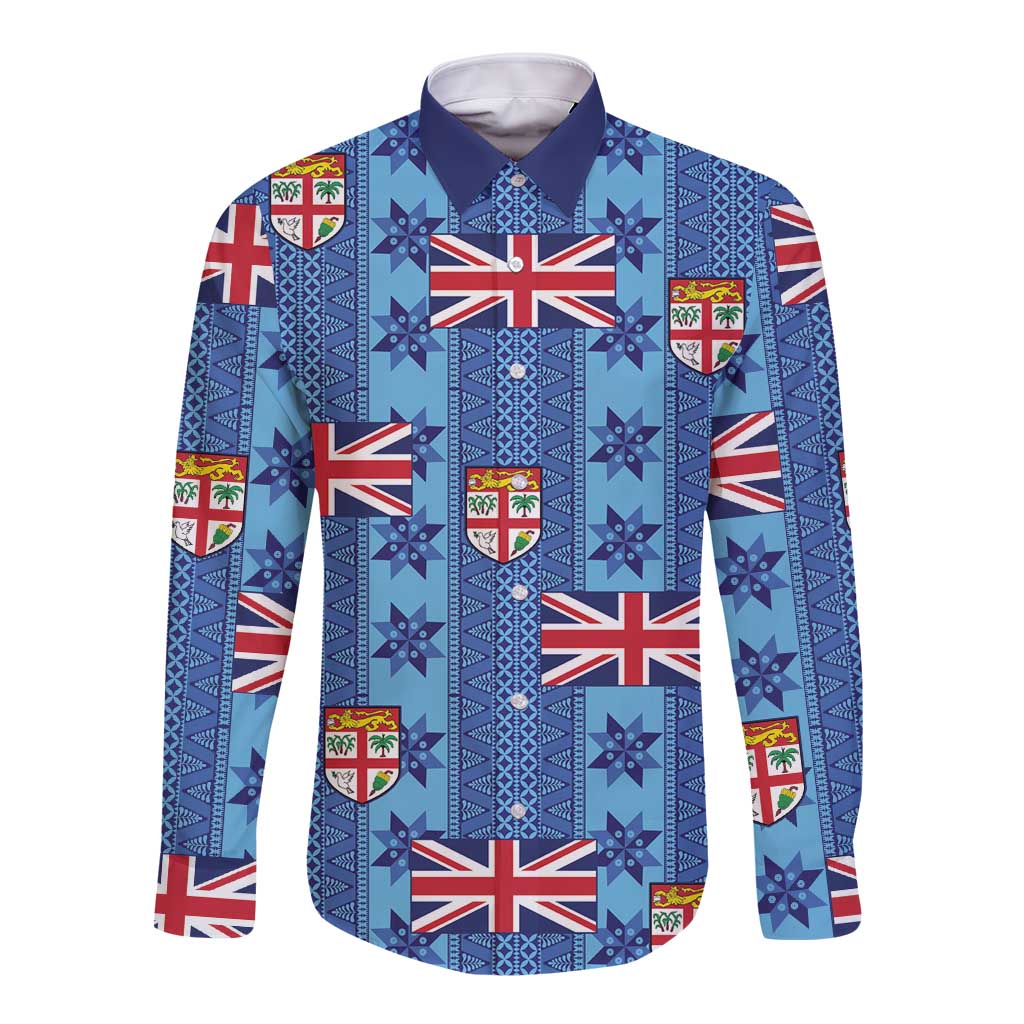 Fiji Masi Tapa Long Sleeve Button Shirt Coat Of Arms LT05 Unisex Blue - Polynesian Pride
