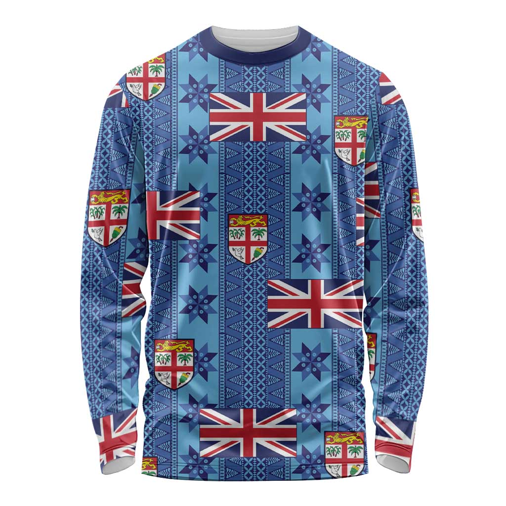 Fiji Masi Tapa Long Sleeve Shirt Coat Of Arms LT05 Unisex Blue - Polynesian Pride