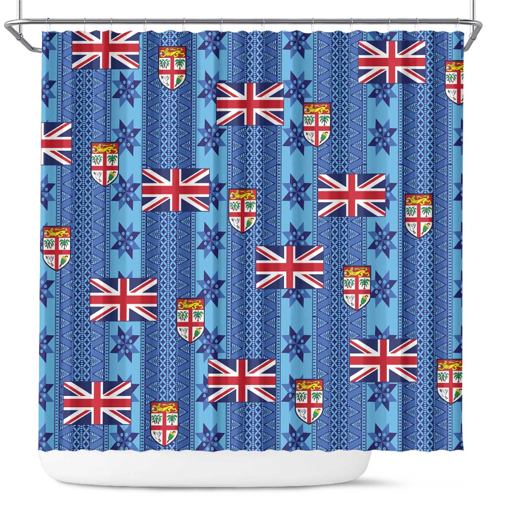 Fiji Masi Tapa Shower Curtain Coat Of Arms LT05 Blue - Polynesian Pride