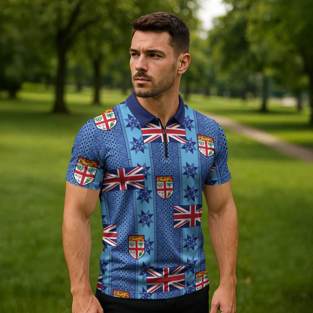 Fiji Masi Tapa Zipper Polo Shirt Coat Of Arms LT05 - Polynesian Pride
