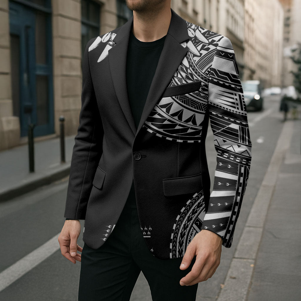 Polynesian Chief Inspired Costume Blazer Tribal Pattern With Tooth Necklace Black