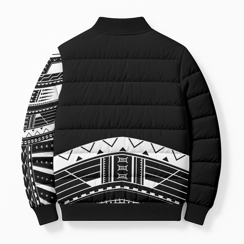 Polynesian Chief Inspired Costume Bomber Puffer Jacket Tribal Pattern With Tooth Necklace Black