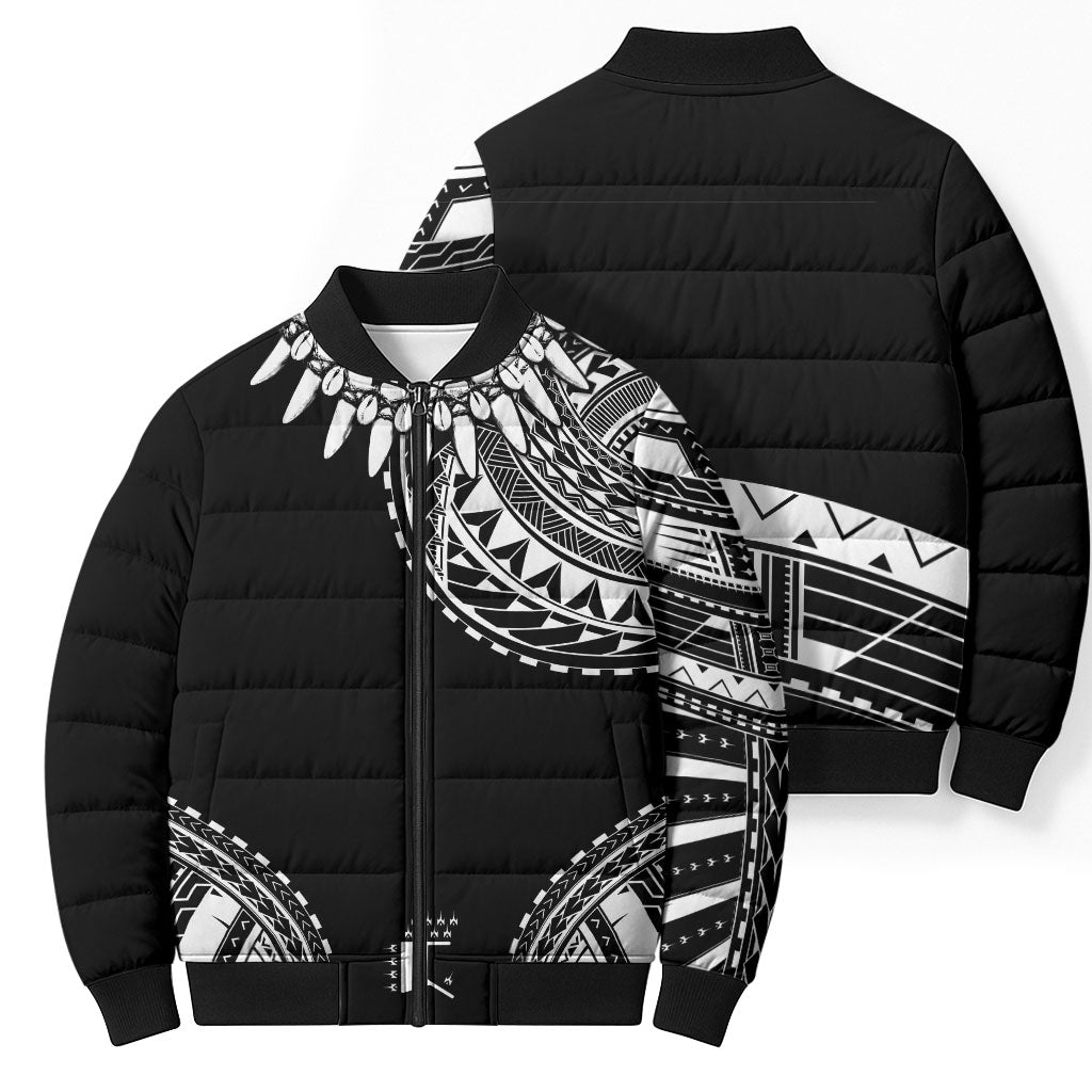 Polynesian Chief Inspired Costume Bomber Puffer Jacket Tribal Pattern With Tooth Necklace Black