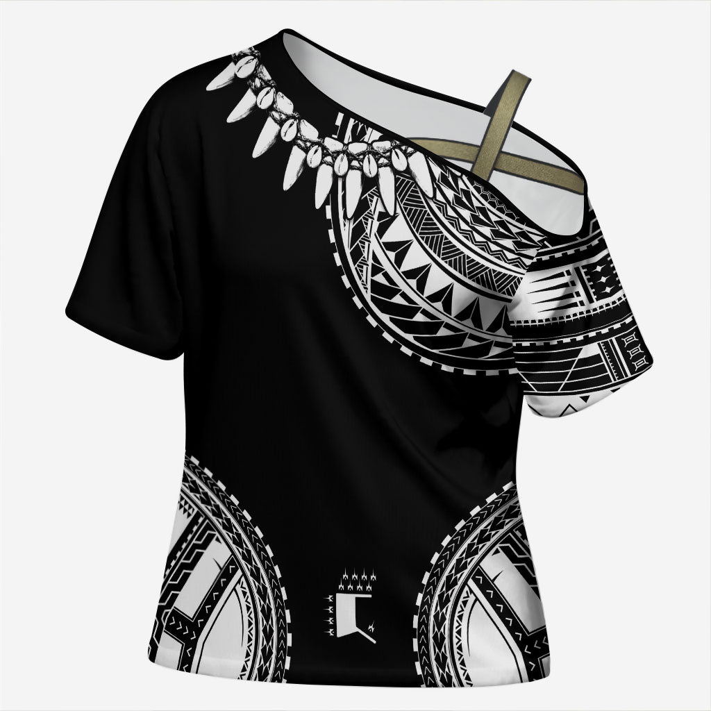 Polynesian Chief Inspired Costume Cross Shoulder Shirt Tribal Pattern With Tooth Necklace Black