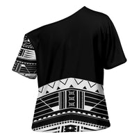 Polynesian Chief Inspired Costume Cross Shoulder Shirt Tribal Pattern With Tooth Necklace Black