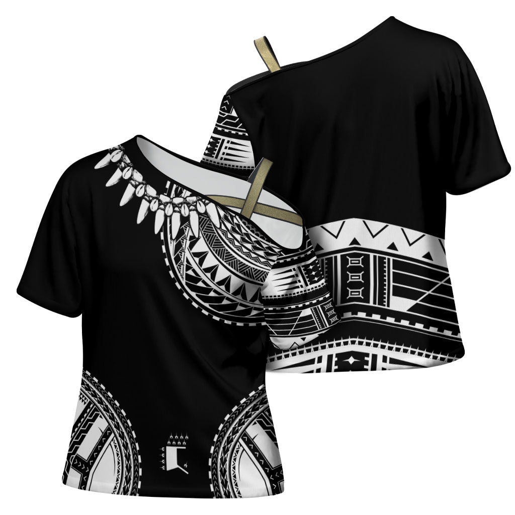 Polynesian Chief Inspired Costume Cross Shoulder Shirt Tribal Pattern With Tooth Necklace Black