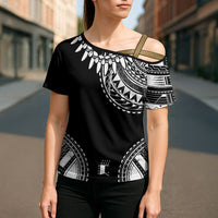 Polynesian Chief Inspired Costume Cross Shoulder Shirt Tribal Pattern With Tooth Necklace Black