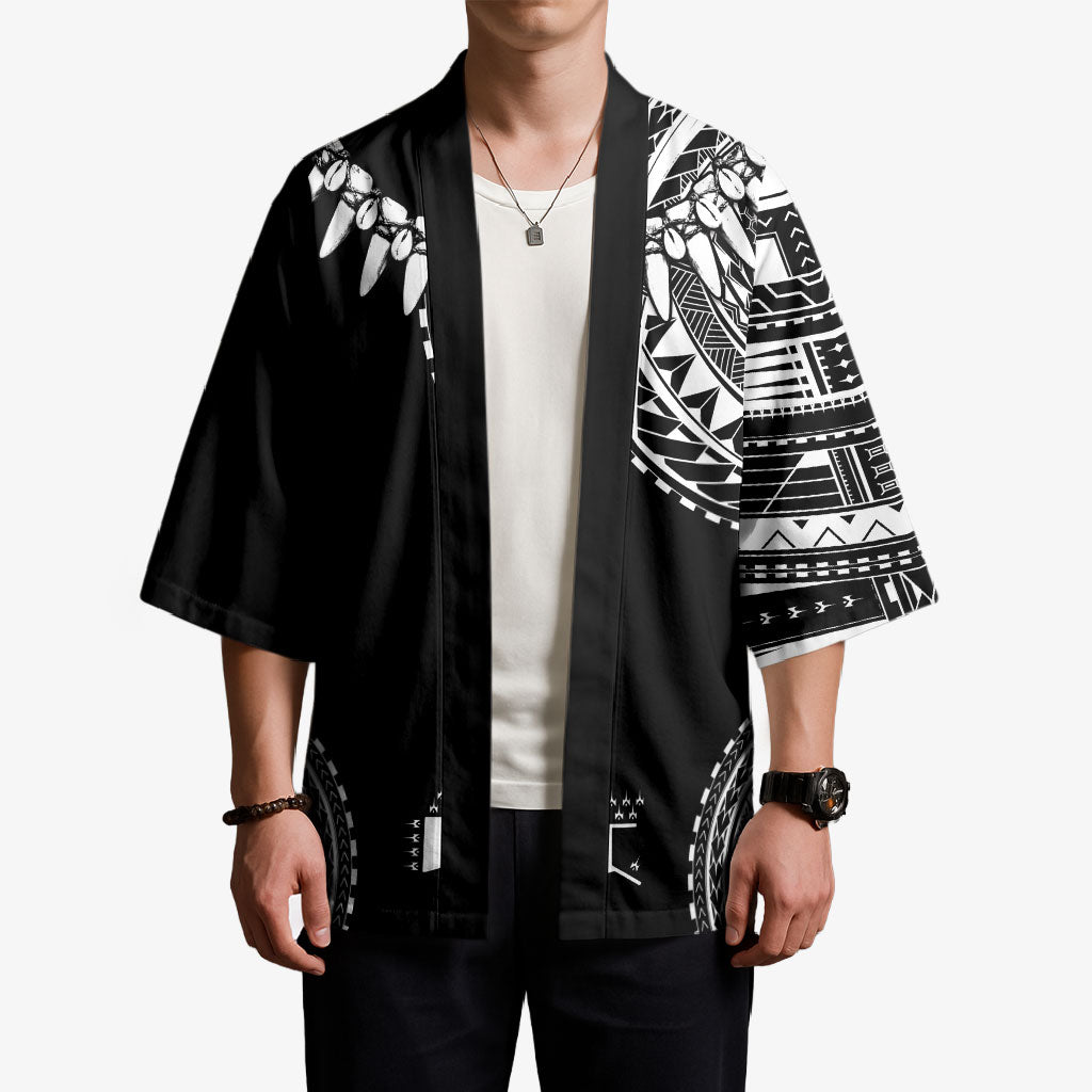 Polynesian Chief Inspired Costume Kimono Tribal Pattern With Tooth Necklace Black