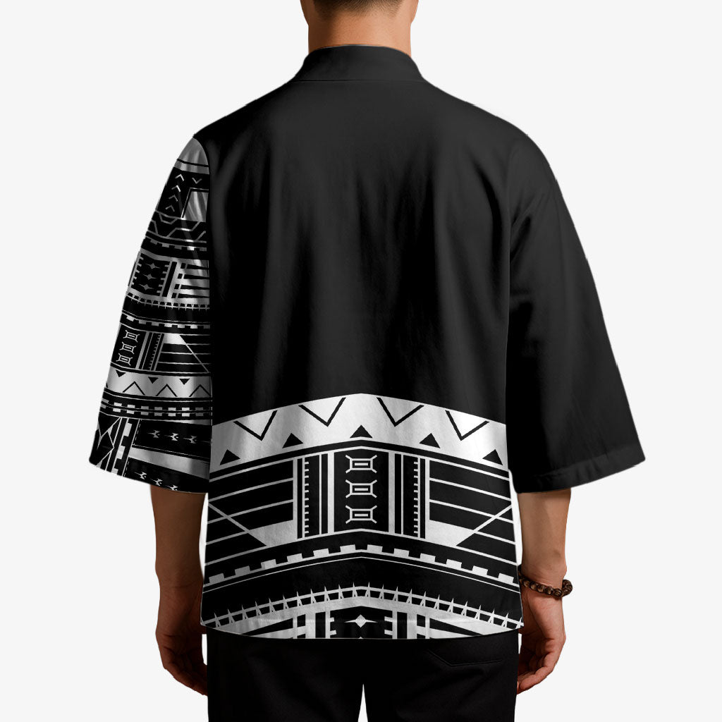Polynesian Chief Inspired Costume Kimono Tribal Pattern With Tooth Necklace Black