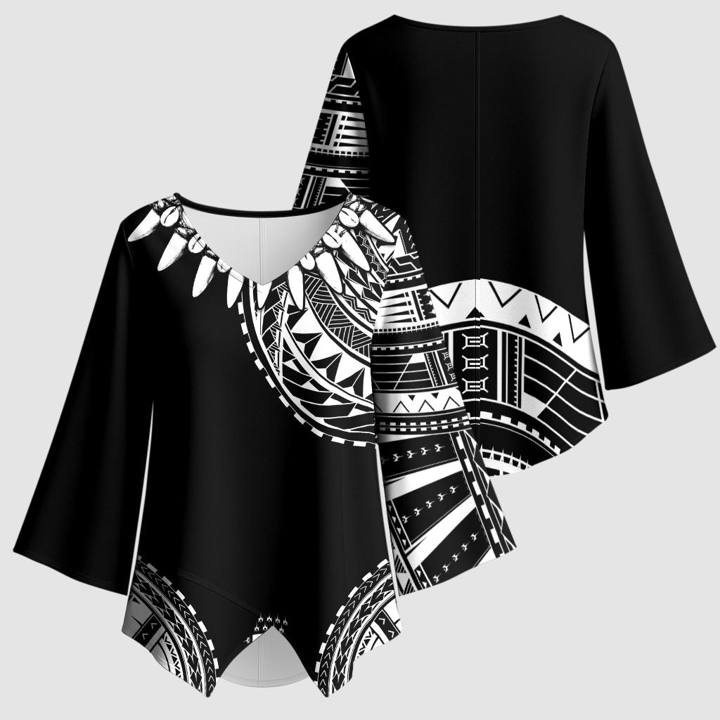 Polynesian Chief Inspired Costume Kimono Sleeve Blouse Tribal Pattern With Tooth Necklace Black