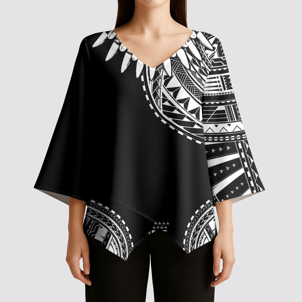 Polynesian Chief Inspired Costume Kimono Sleeve Blouse Tribal Pattern With Tooth Necklace Black